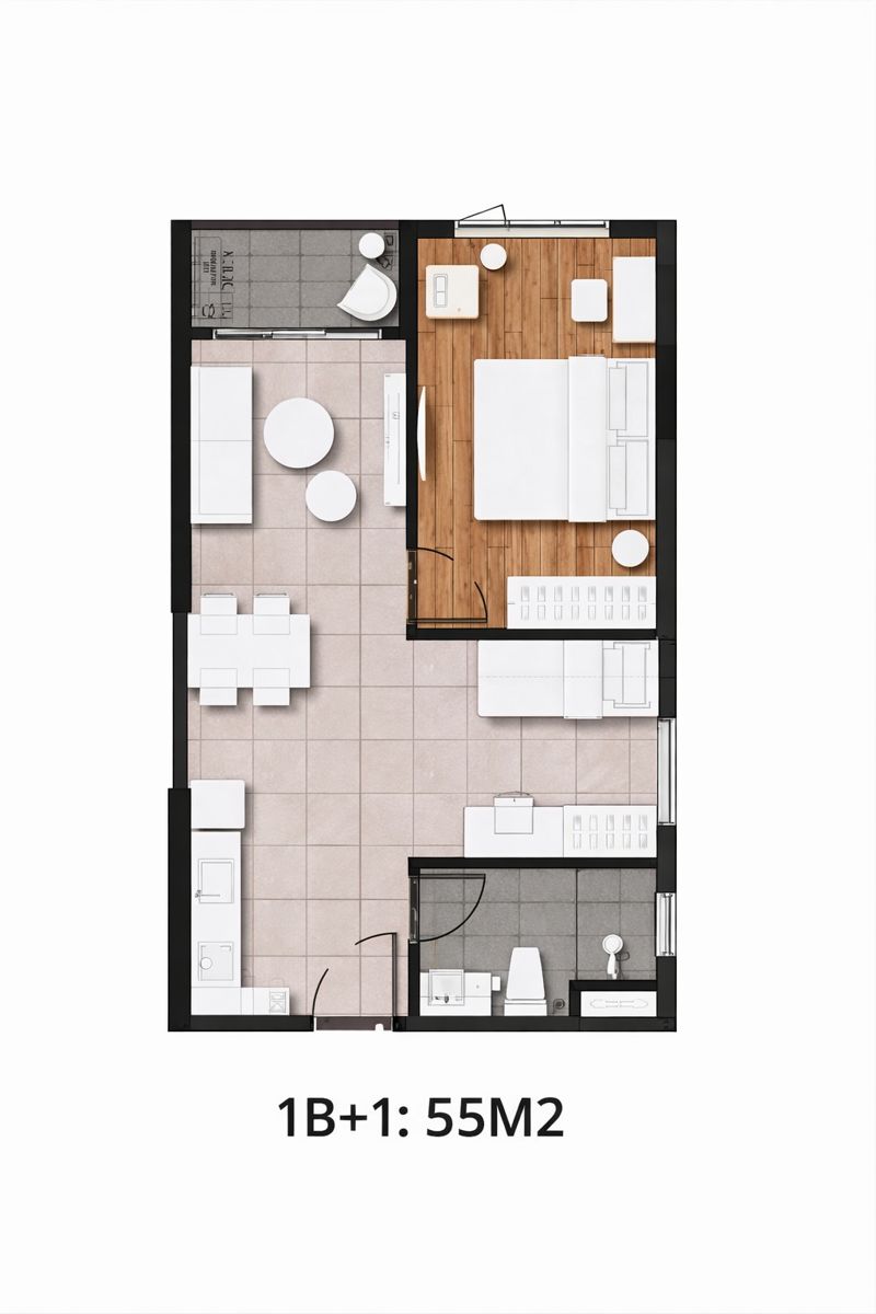 thiết kế căn hộ 1 PN 55 m2