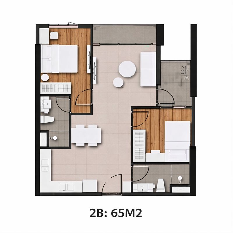 thiết kế căn hộ 2 pn 65 m2